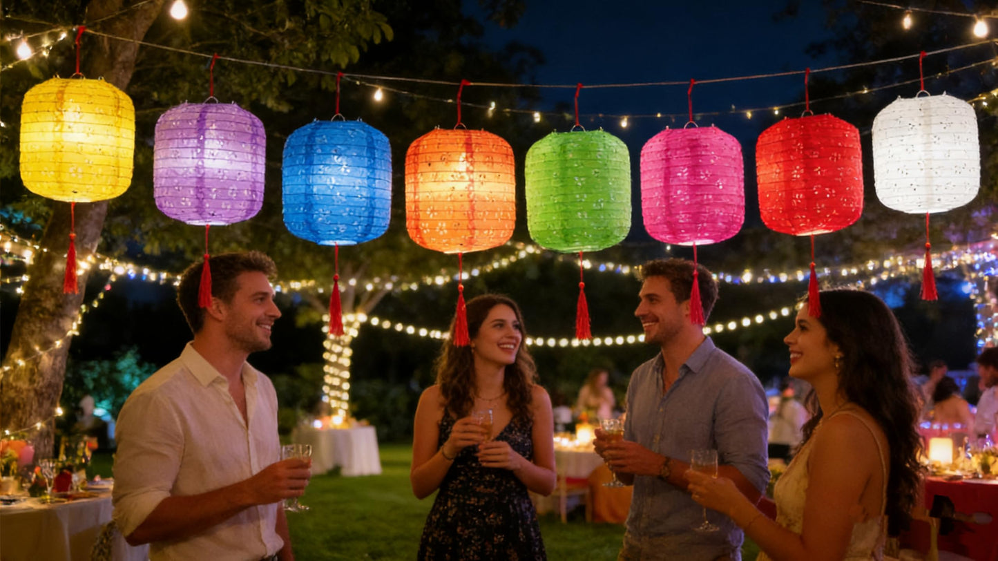 10PCS Colorful Paper Lanterns 6inches Oval Shaped with LED Lights Hollow Out Hanging with Tassels Walking Sticks for Wedding Dinner Party Outdoor
