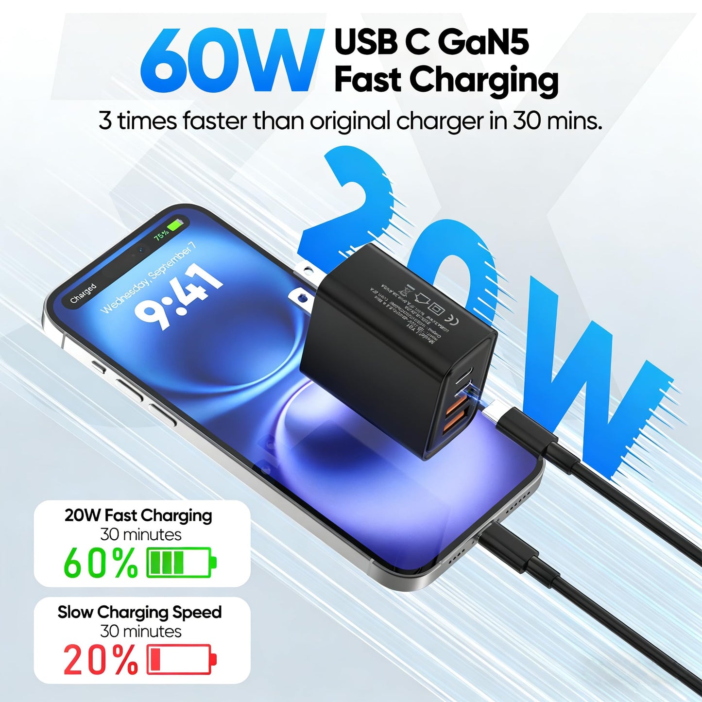2 Pack USB C Charger Block 60W, 4-Port GaN5 Super Fast Phone Charger, Type C Charging Block PD 20W & QC 20W with 6.6FT USB C Cables for iPhone 17