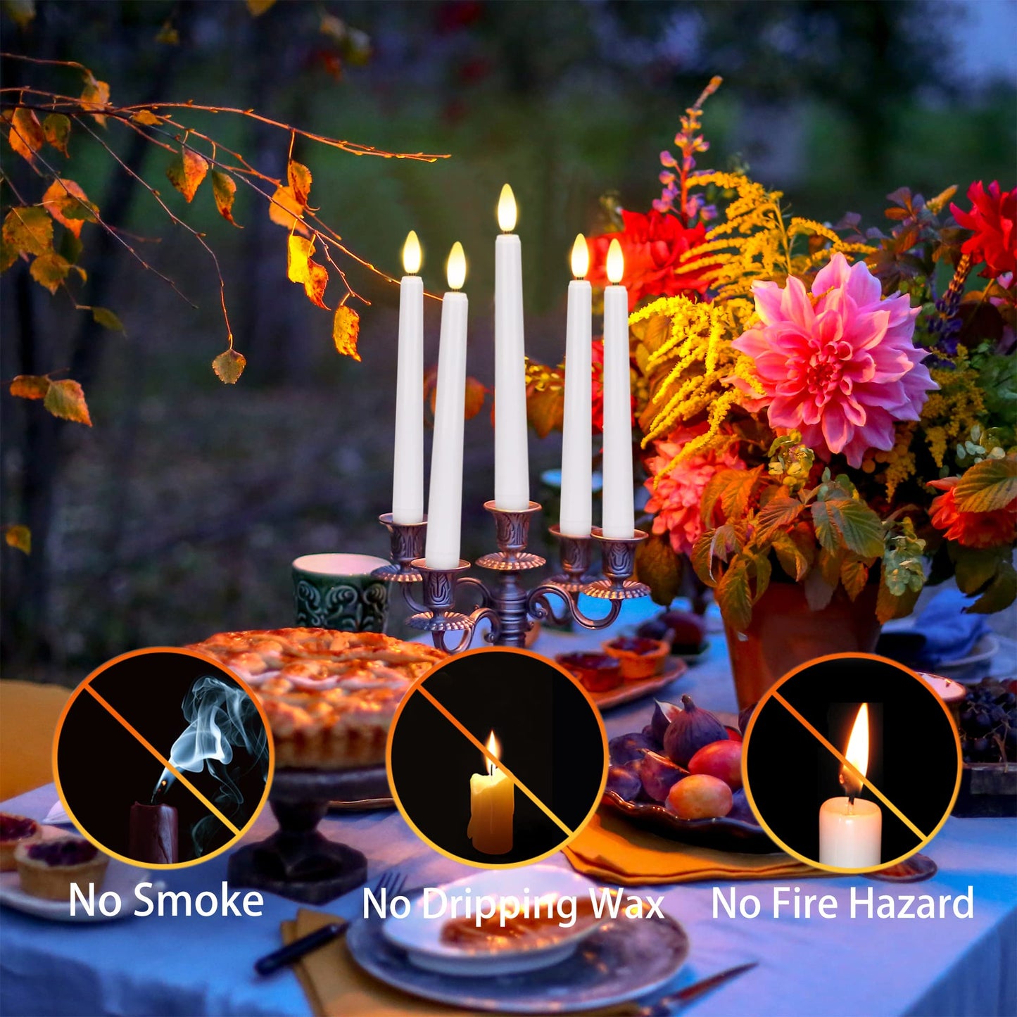 FPOO Flameless Taper Candles Flickering with Remote Timer, 4PCS Battery Operated Window Candles with Gold Candlesticks and Suction Cups, 8 Inch Warm