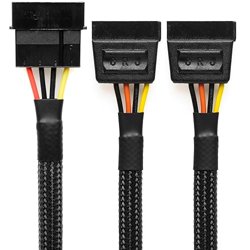 CRJ 4-Pin Molex to Dual 15-Pin SATA Power Adapter Cable - 12-inch (30cm), Black Sleeved - Power Two SATA Hard Drives and SSDs from a 4-Pin Peripheral