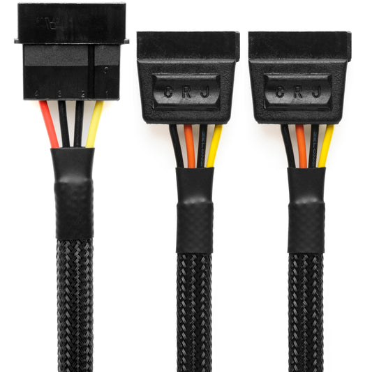 CRJ 4-Pin Molex to Dual 15-Pin SATA Power Adapter Cable - 12-inch (30cm), Black Sleeved - Power Two SATA Hard Drives and SSDs from a 4-Pin Peripheral