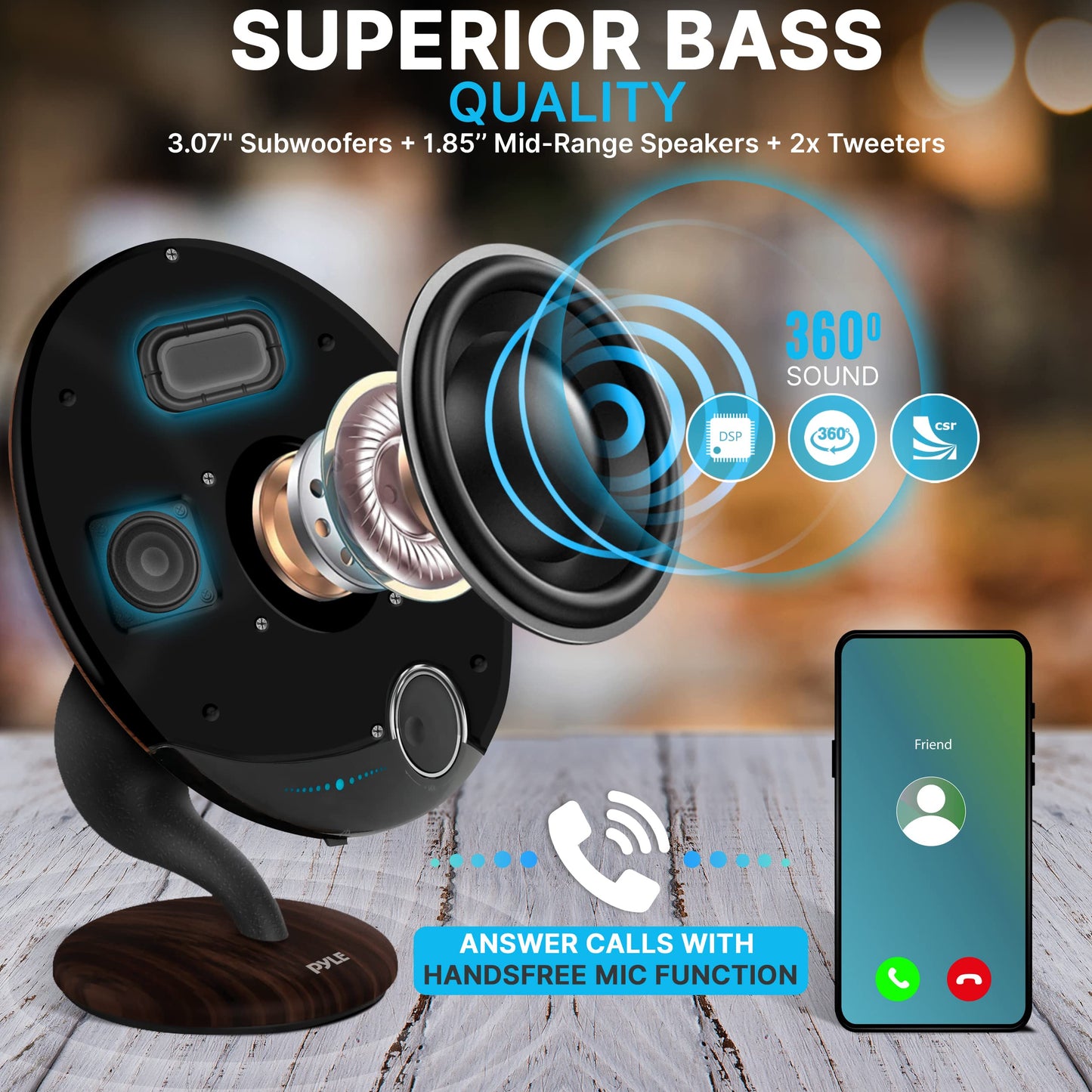 Pyle Bluetooth Gramophone Speaker - Vintage Style Portable Wireless Speaker with Built-in Subwoofer, Twin Pairing, Hands-Free Calling & Touch Control