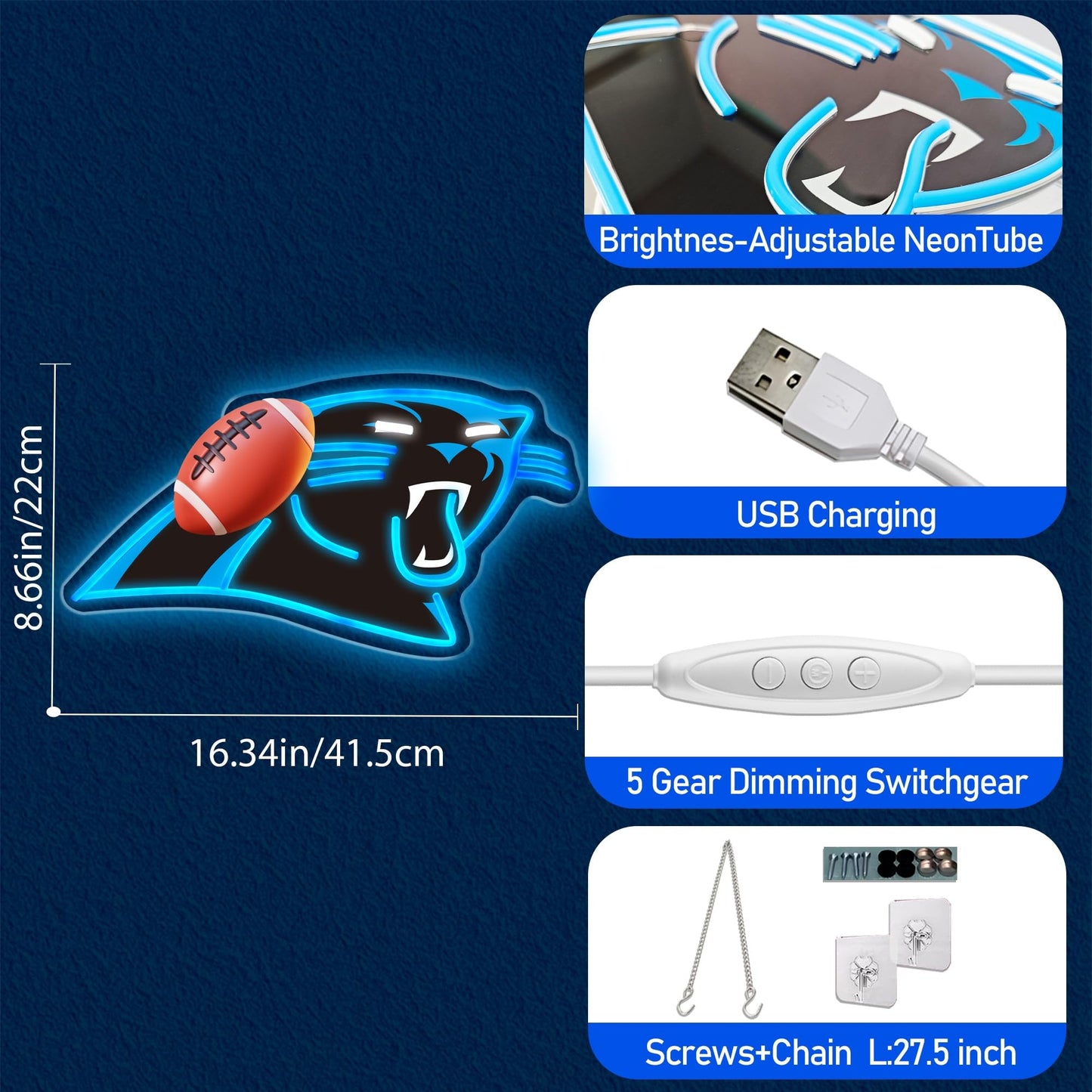 Football Team Neon Sign, Cool Dimmable Light Up Football Team Logo Hanging USB Powered for Wall Decor Art, Man Cave, Bedroom, Game Room Deco, Birthday