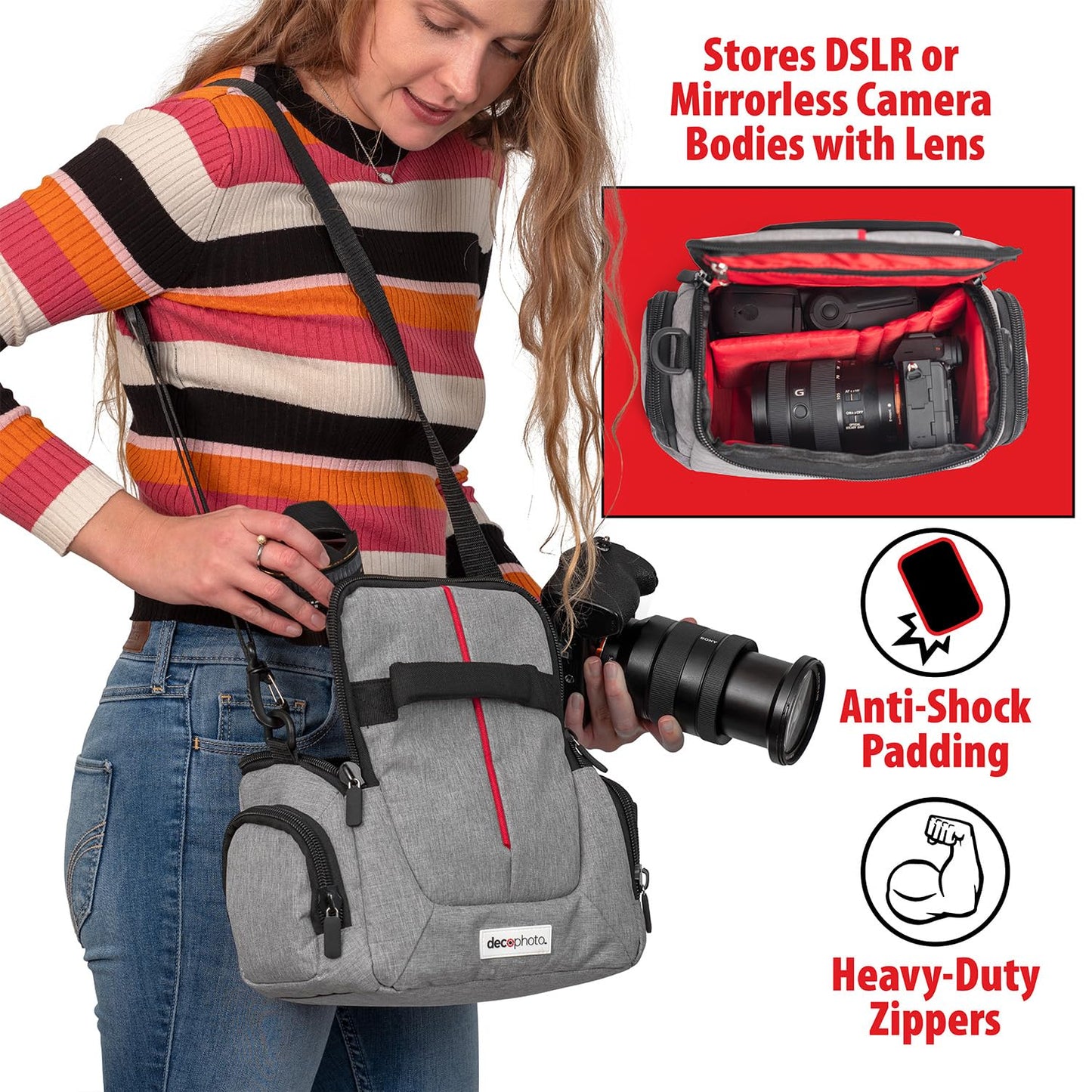 Deco Photo DSLR, Mirrorless, Compact Camera Bag - Shockproof, Quick Access, Modular Storage, Lightweight, Travel-Friendly, with Camera Cleaning Kit