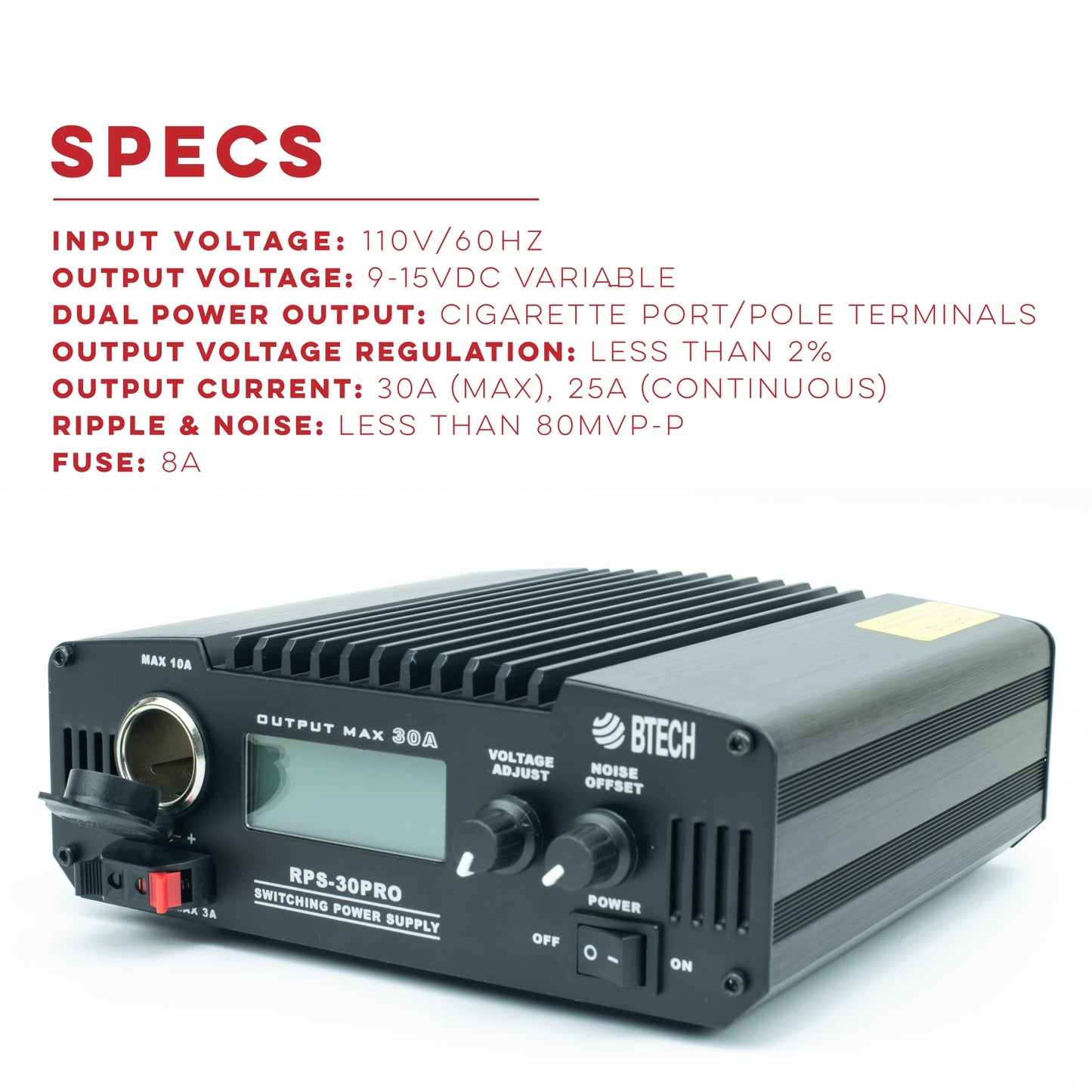 BTECH RPS-30PRO 30 Amp Regulated Universal Compact Bench Power Supply, AC-to-DC Power Convertor, 13.8V (9~15VDC Adjustable) with Noise Offset…