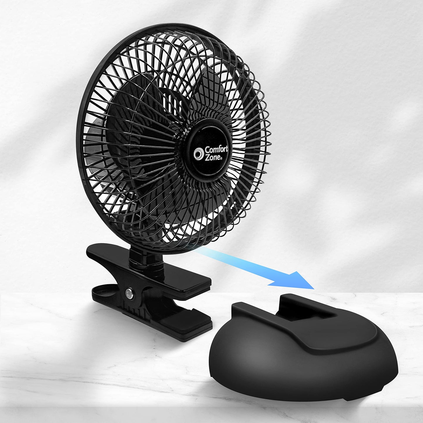Comfort Zone CZ6XMBK 6” 2-Speed Combo Clip or Desk Fan with Removable Base, Strong Clamp for Firm Grip, Suitable for Bedroom, Office, or Dorm Room