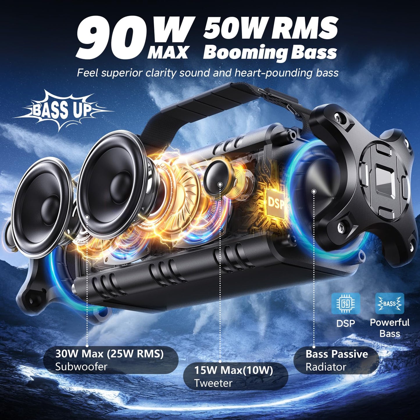 W-KING Bluetooth Speaker, 90W Max Portable Outdoor Speaker Loud, IPX6 Waterproof/50W Deep Bass Subwoofer/40H/EQ/Dual Pairing/TF/AUX, Large Boombox