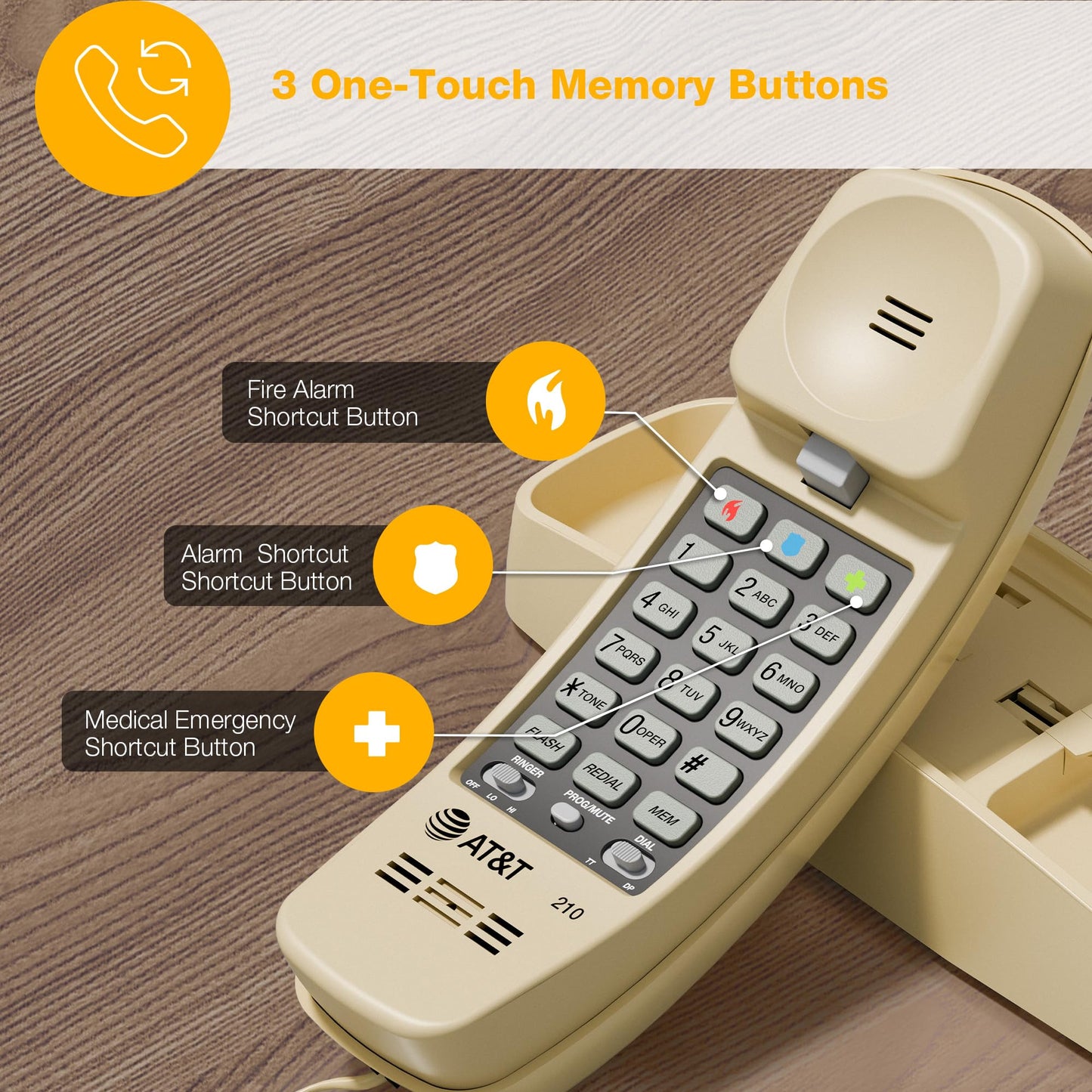 AT&T TRIMLINE 210 Corded Home Phone, No AC Power Required, Improved Easy-Wall-Mount, Lighted Big Button Keypad, 13 SpeedDial Keys, Last Number Redial