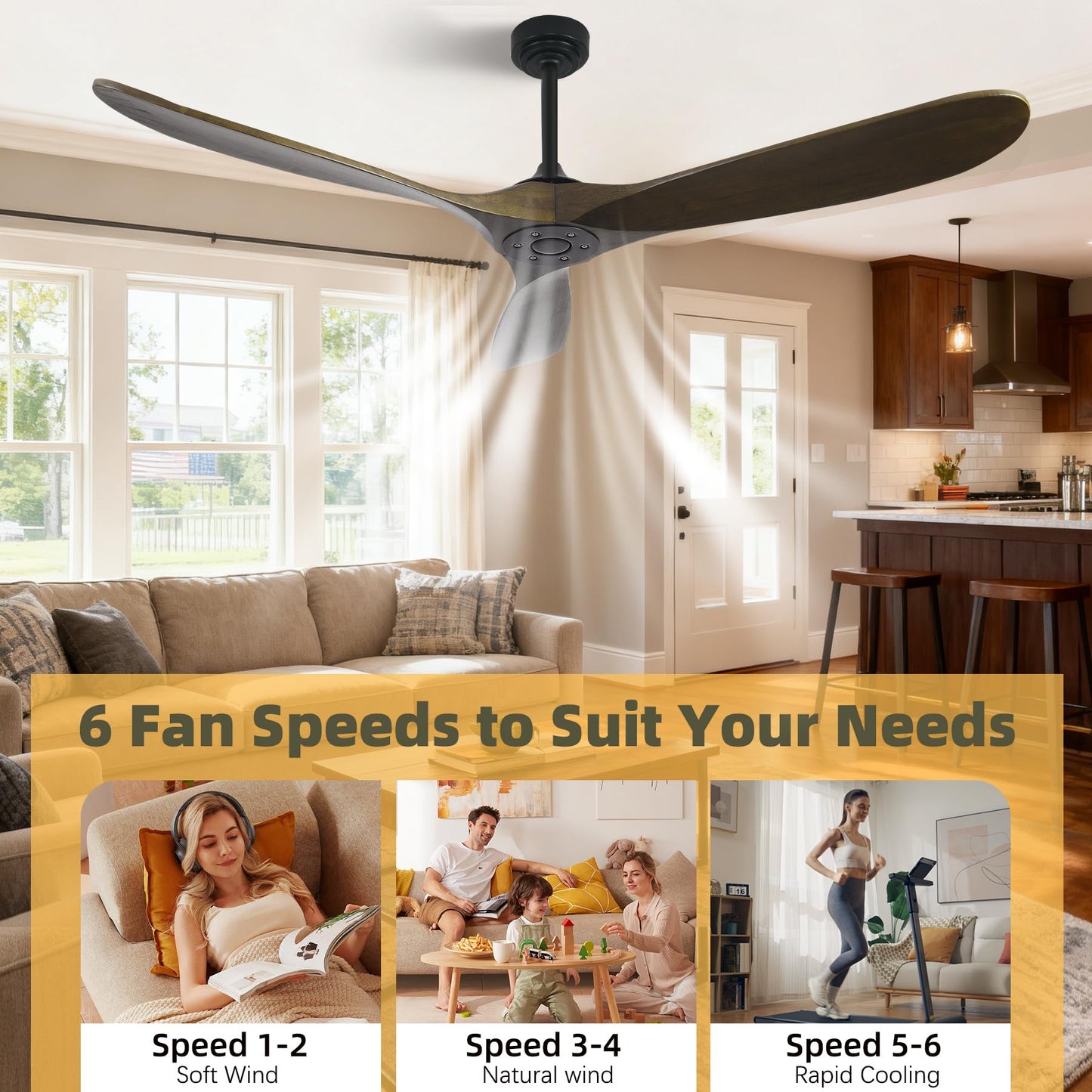 Homlit Outdoor Ceiling Fan Without Light, 60 Inch Smart Ceiling Fan with Remote & Voice Control for Compatible with Alexa/Google, 3-Blade Wood Fan