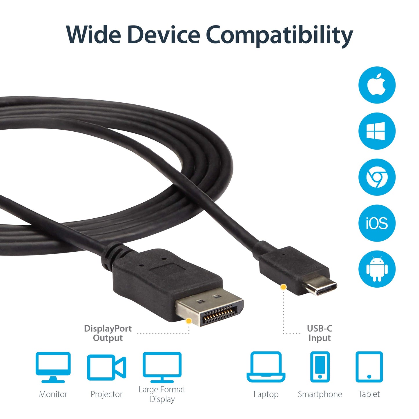 StarTech.com 6ft/1.8m USB C to DisplayPort 1.2 Cable 4K 60Hz - USB-C to DP Adapter HBR2 - USB Type-C DP Alt Mode to DP Monitor Video Cable