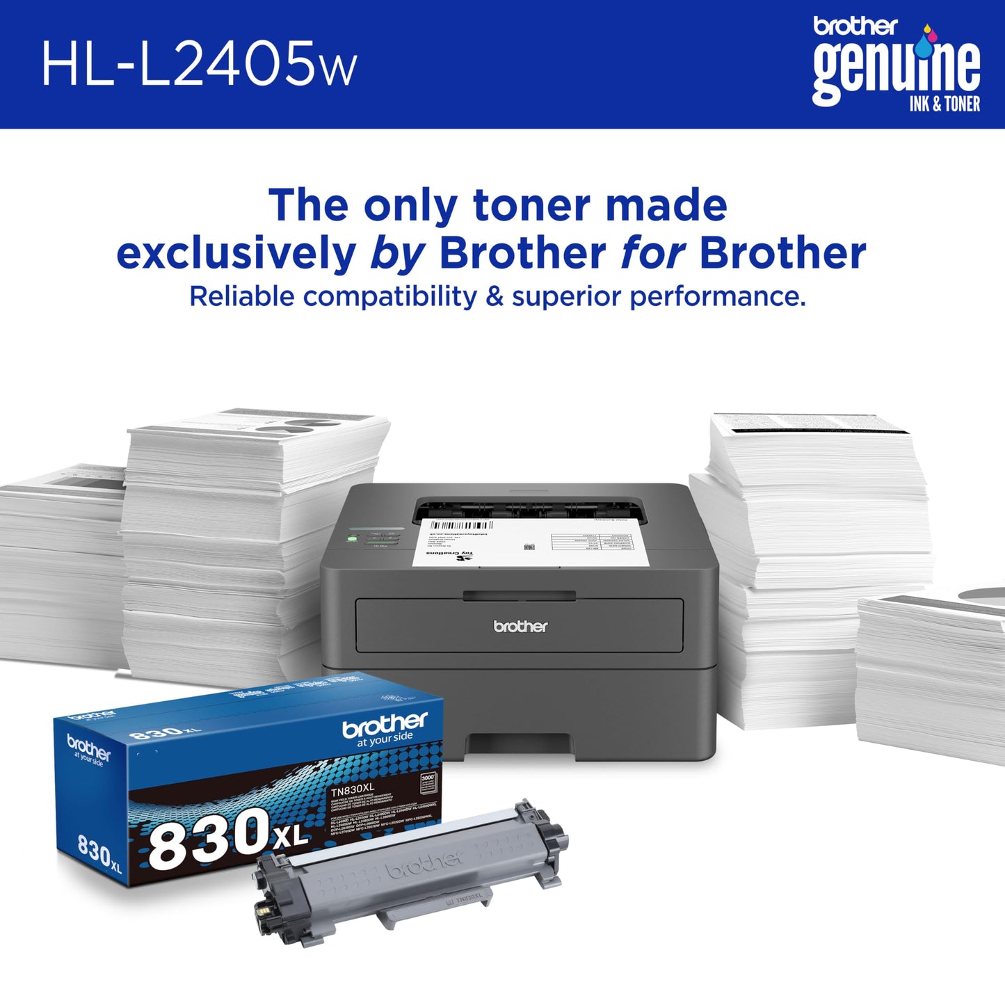 Brother HL-L2405W Wireless Compact Monochrome Laser Printer with Mobile Printing, Black & White Output | Includes Refresh Subscription Trial(1), Works
