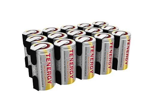 Tenergy 2200mAh Sub C NiCd Battery for Power Tools, 1.2V Flat Top Rechargeable Sub-C Cell Batteries with Tabs, 15-Pack