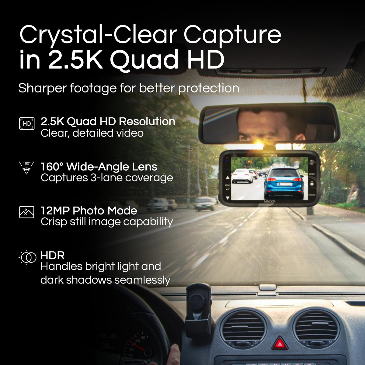 Minolta MNCD2K10 2.5K Quad HD Dash Cam, 160° Lens, 3.0 in LCD (Black)