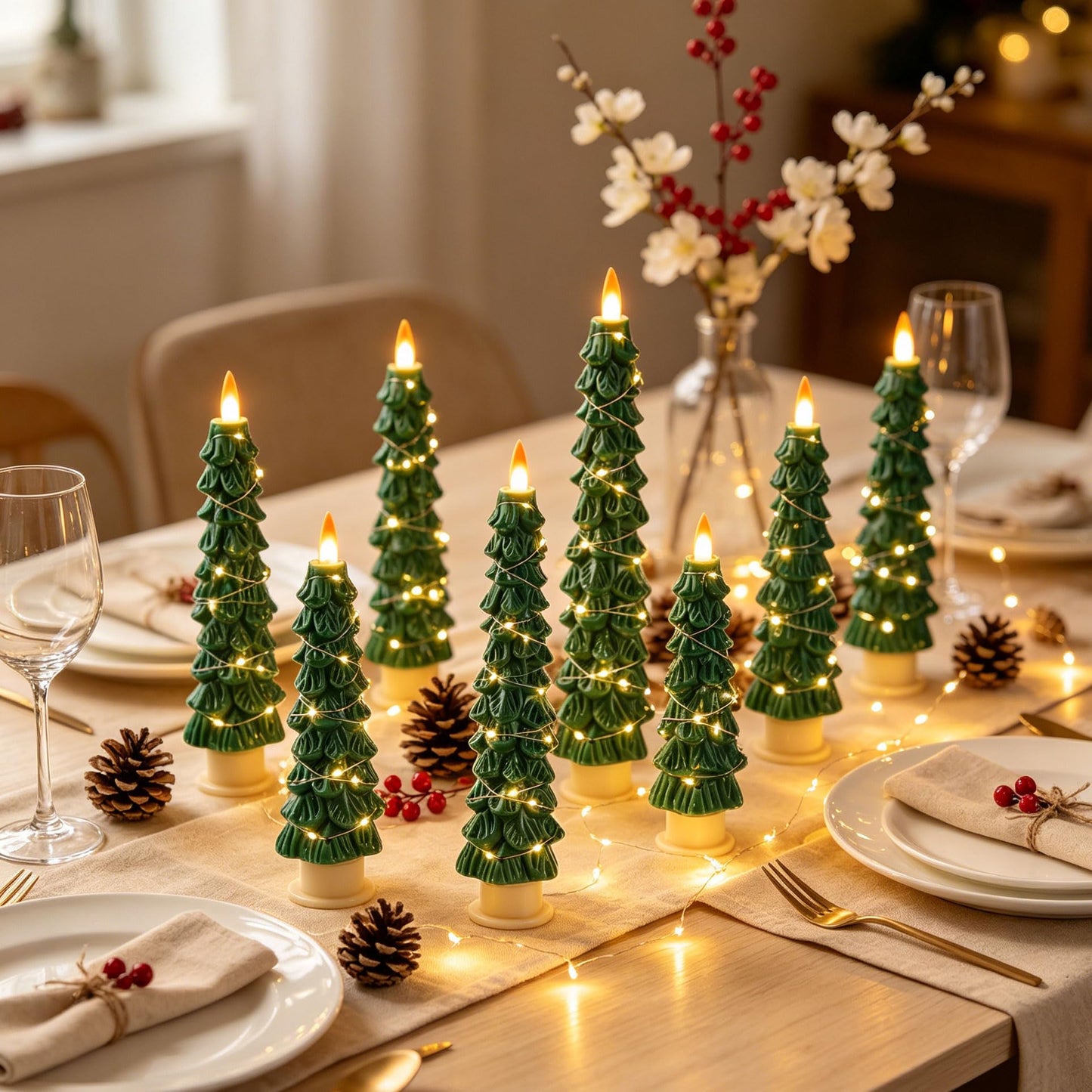 Christmas Tree Candles Surrounded by Fairy Lights, LED flameless Candle Lights with Remote Control Timing Function. Green
