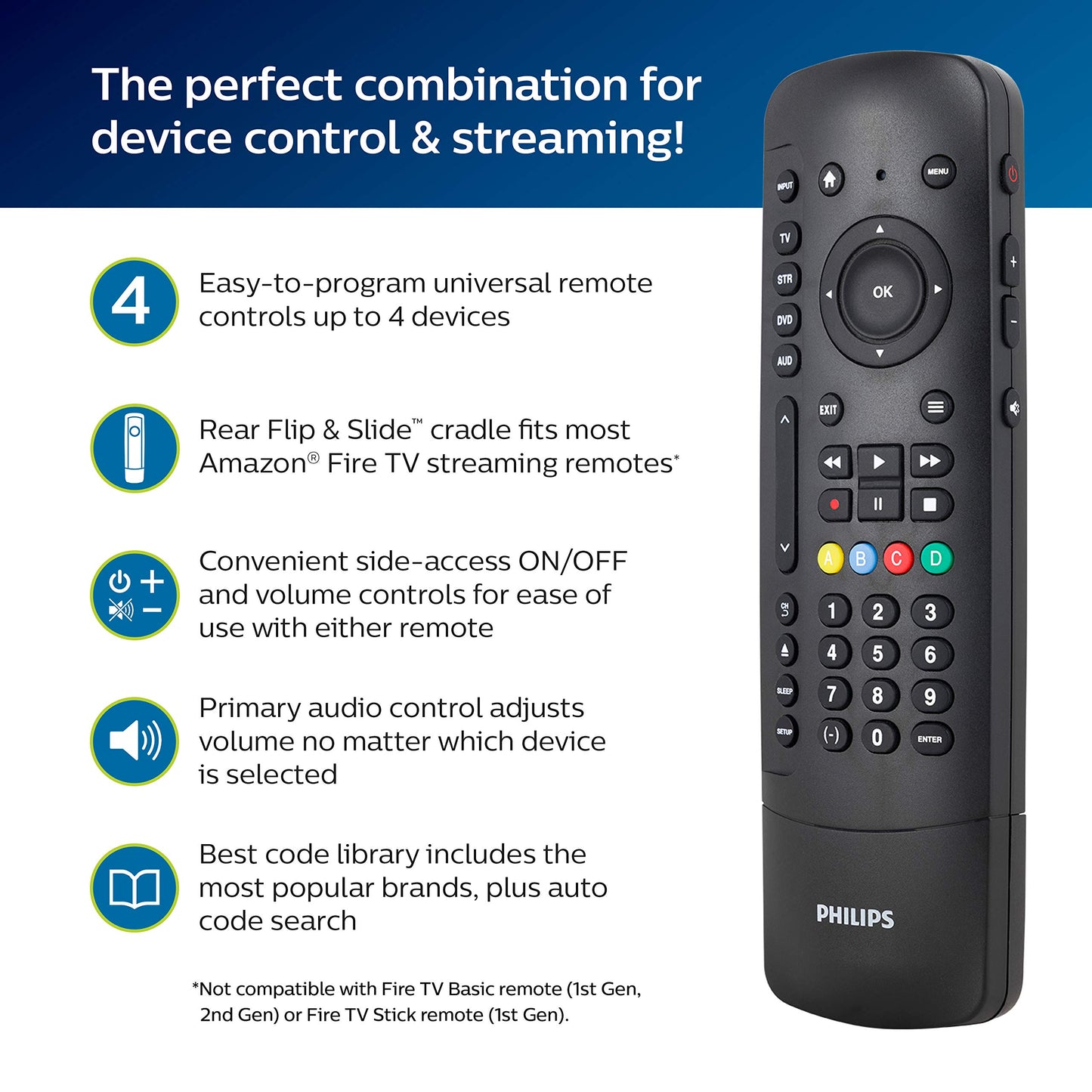 Philips Universal Companion Remote Control for Samsung, Vizio, LG, Sony, Roku, Apple TV, RCA, Panasonic, Smart TVs, Streaming Players, Blu-ray, DVD, 4