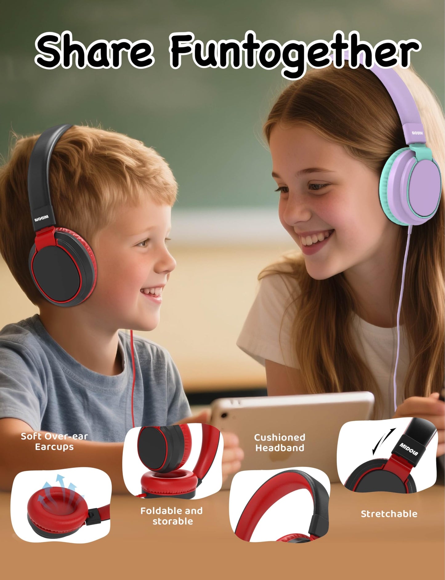 MIDOLA Volume Limited 85/110dB Kids Headphone Over-Ear/On-Ear Foldable Sound Noise Protection Headset with Inline AUX 3.5mm Cord w/Mic for Child…