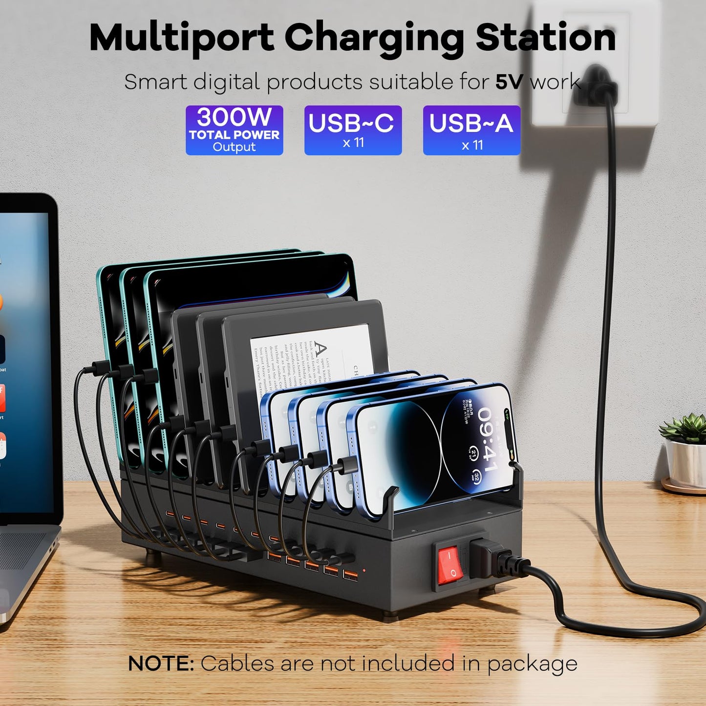 USB~C Charger Block, 300W 22 Port (11 US? A & 11 US?~C) USB Charging Station for Multiple Devices, Desktop Wall Fast Charger with Storage Dividers