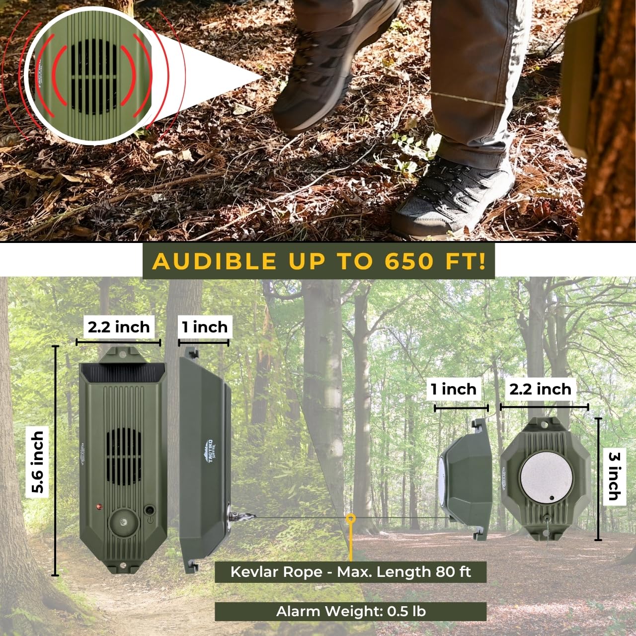 Tactiko Wire Trip Perimeter Alarm 2.0, 129 dB Rechargeable Perimeter - 80ft Kevlar Tripwire, Solar/USB, Weatherproof, Bear Deterrent for Camping
