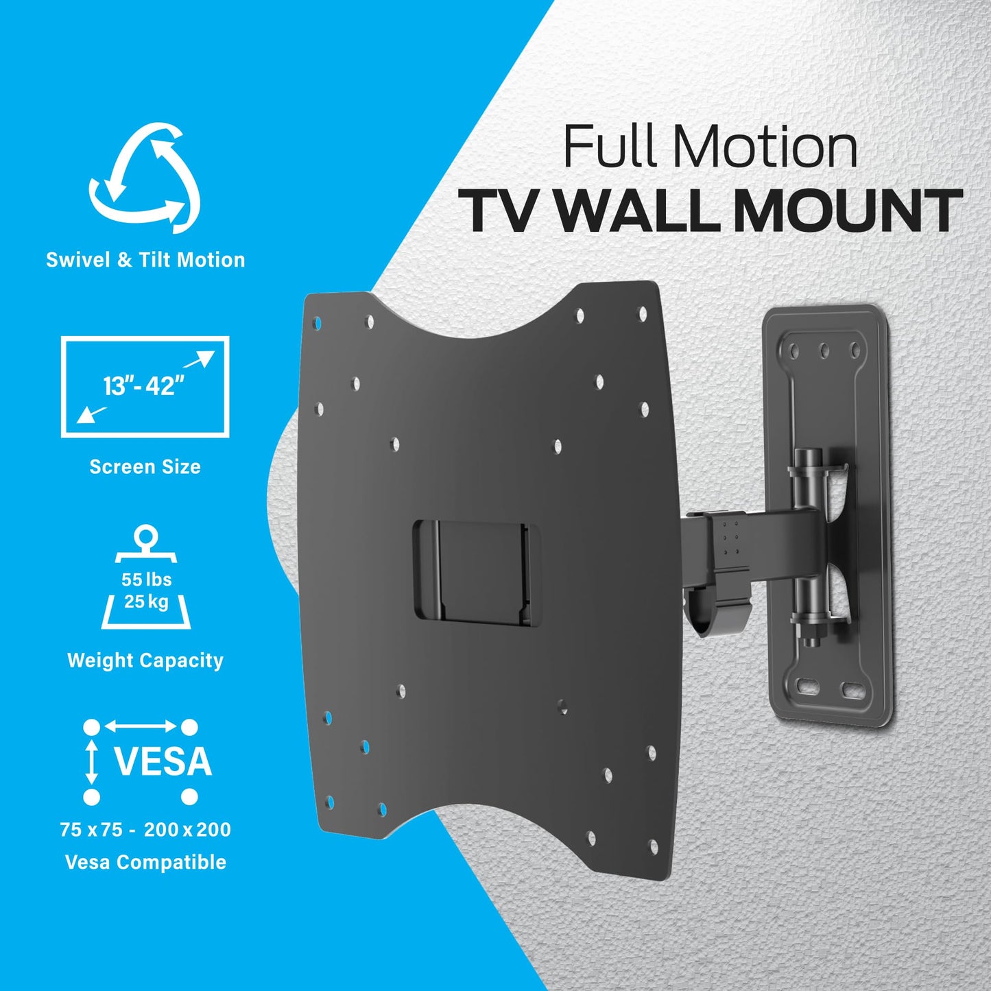 Monster Full Motion TV Mount for 13”-42” TVs up to 55 Lbs., Flat Panel Swivel and Tilt Television Mount, Heavy Gauge Steel Construction, Tilts 5°
