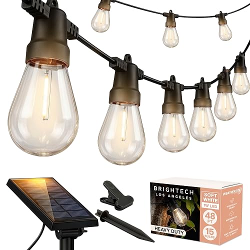 Brightech Ambience Pro Solar Powered Outdoor String Lights, 48 ft Commercial Grade Waterproof Patio Lights, 15 Edison Bulbs, Shatterproof LED String
