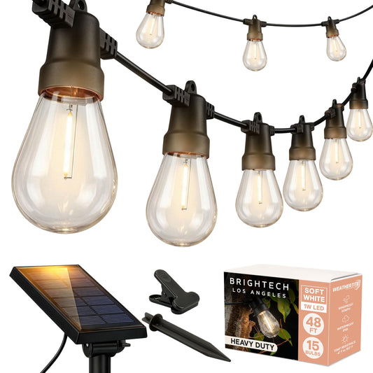 Brightech Ambience Pro Solar Powered Outdoor String Lights, 48 ft Commercial Grade Waterproof Patio Lights, 15 Edison Bulbs, Shatterproof LED String