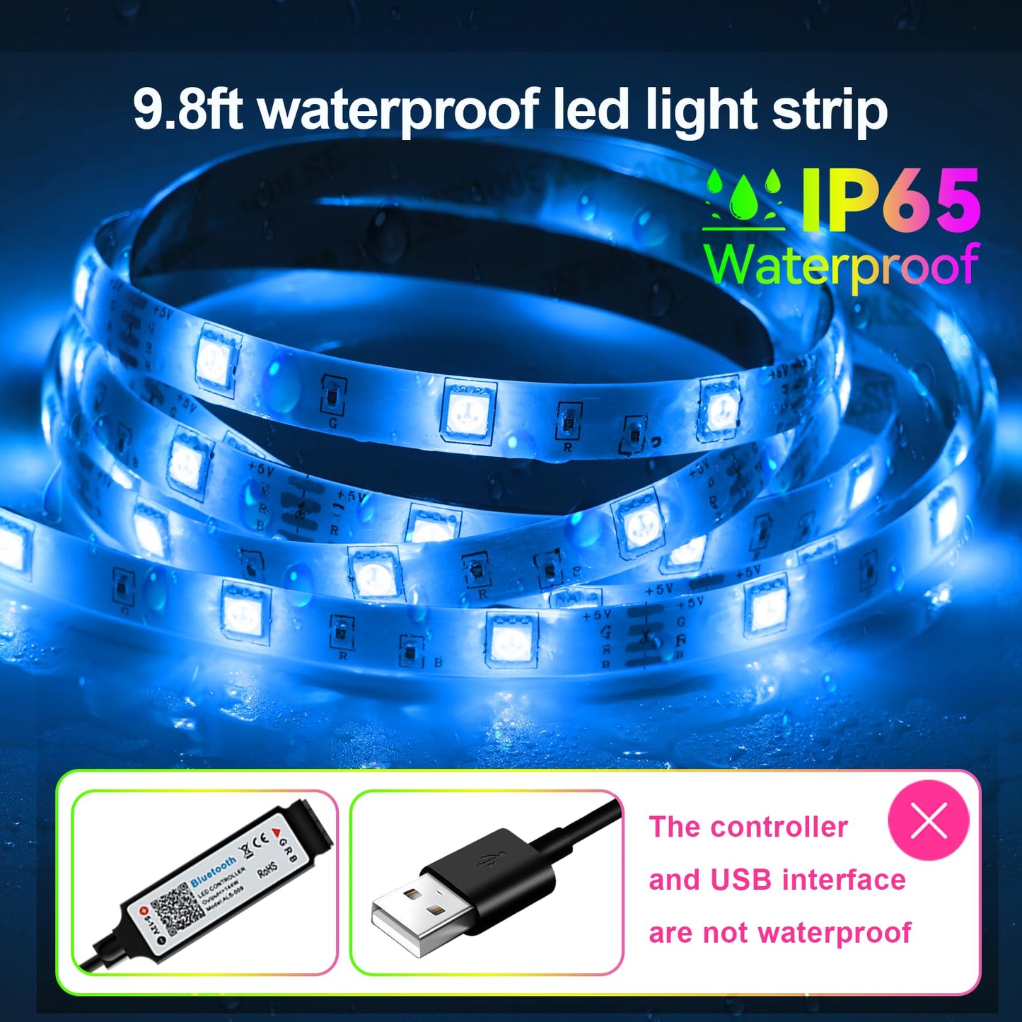 HOUHUI LED Strip Lights for TV, 9.8Ft RGB LED Lights for 32-50in TV Behind, App Control Music Sync Strip Lights IP65 Waterproof with Remote, USB LED