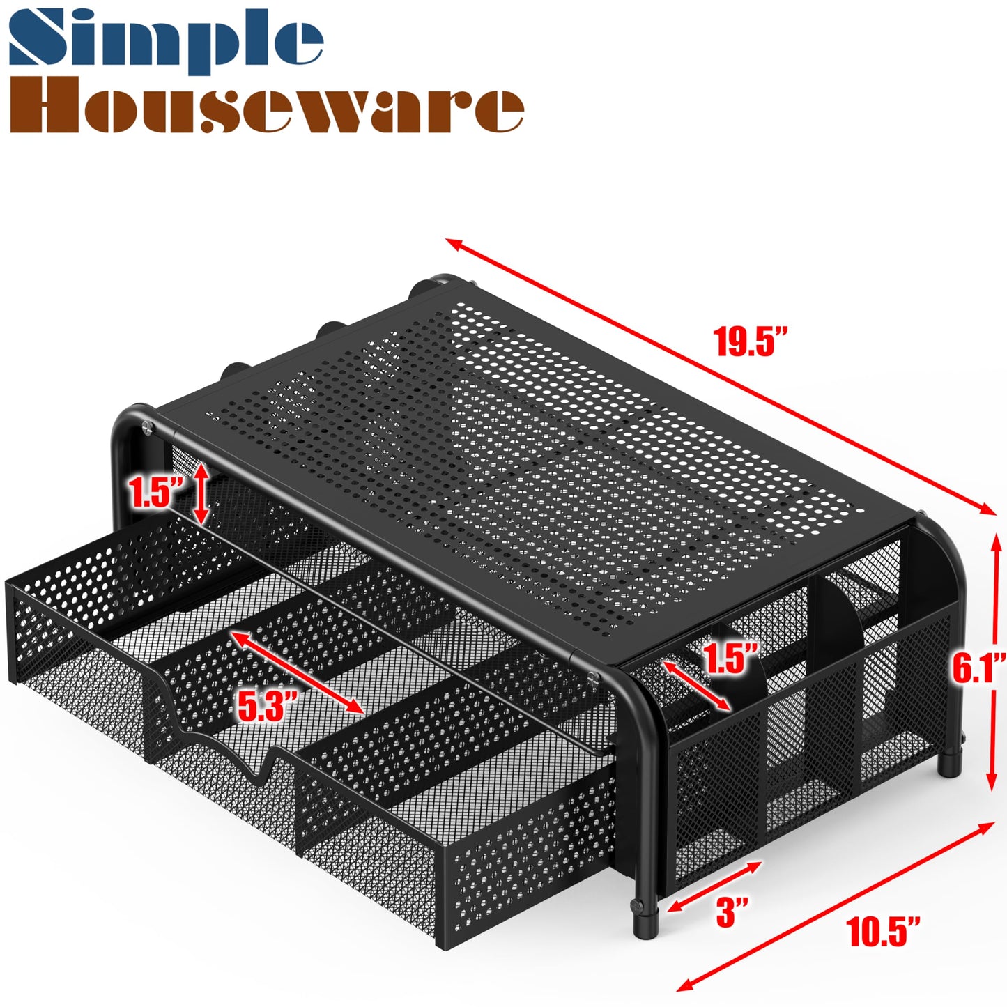 Simple Houseware Monitor Riser Stand with Pull-Out Drawer and Pen Holders, Black