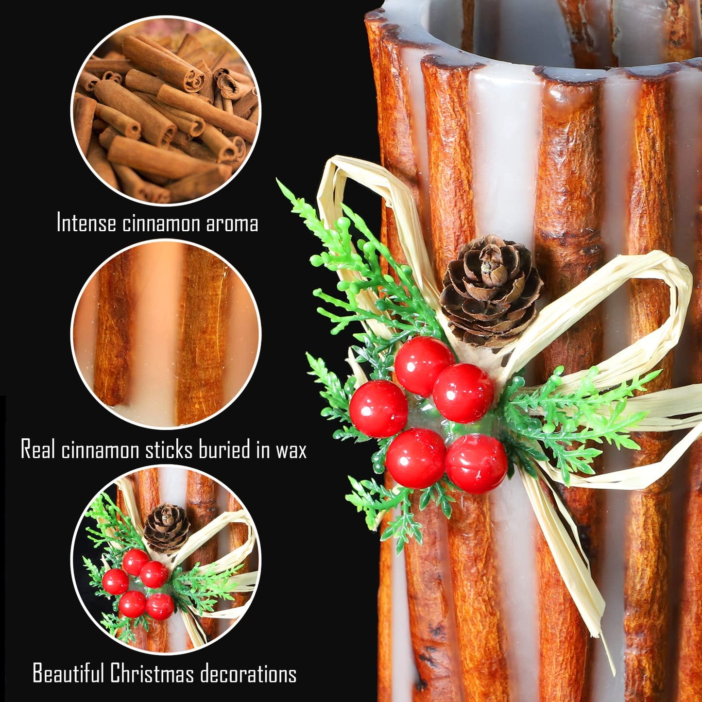 MELTONE Christmas Decorations Flameless Candles Embedded Cassia Bark LED Candles with Remote Real Wax Fake Candles for Home Party Holiday Xmas Decor