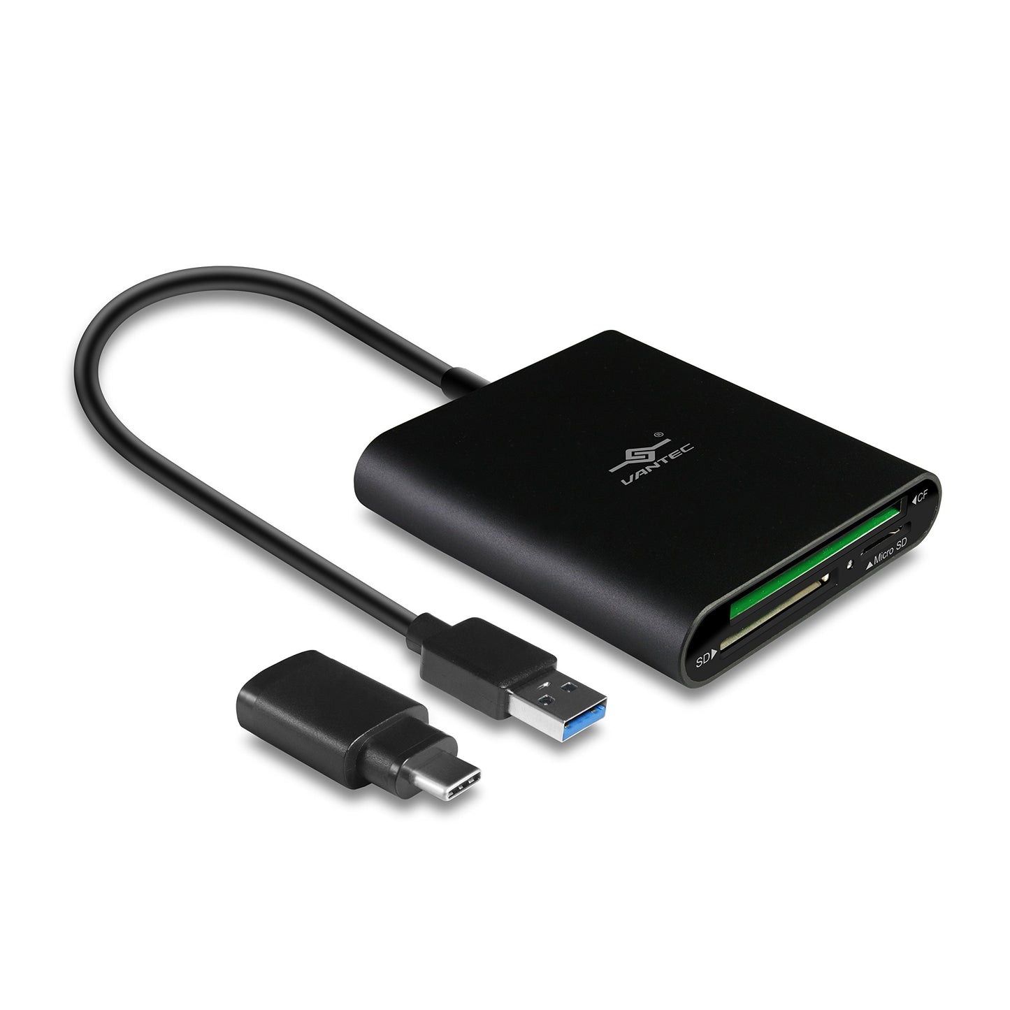 Vantec VLink USB 3.0 Super Speed Multi-Card Reader for Micro SD/SD/SDHC/SDXC/CF Cards Plus Latest USB-C Converter, Black (UGT-CR970-BK)