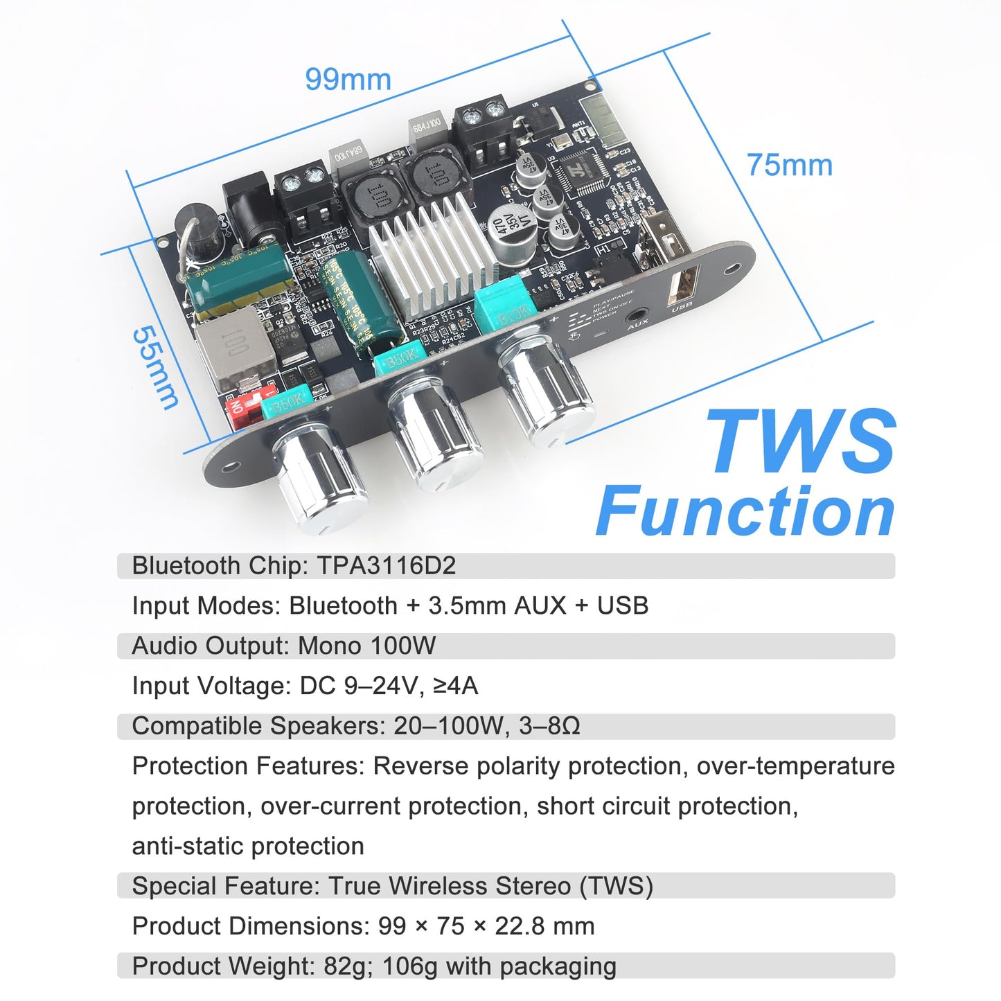 Wuzhi Audio 2PCS ZK-1001U Mono Amplifier Board with TWS, 100W Power Output, Vehicle Amplifier Wide Voltage Input 9-24V, Supports USB/AUX/Bluetooth