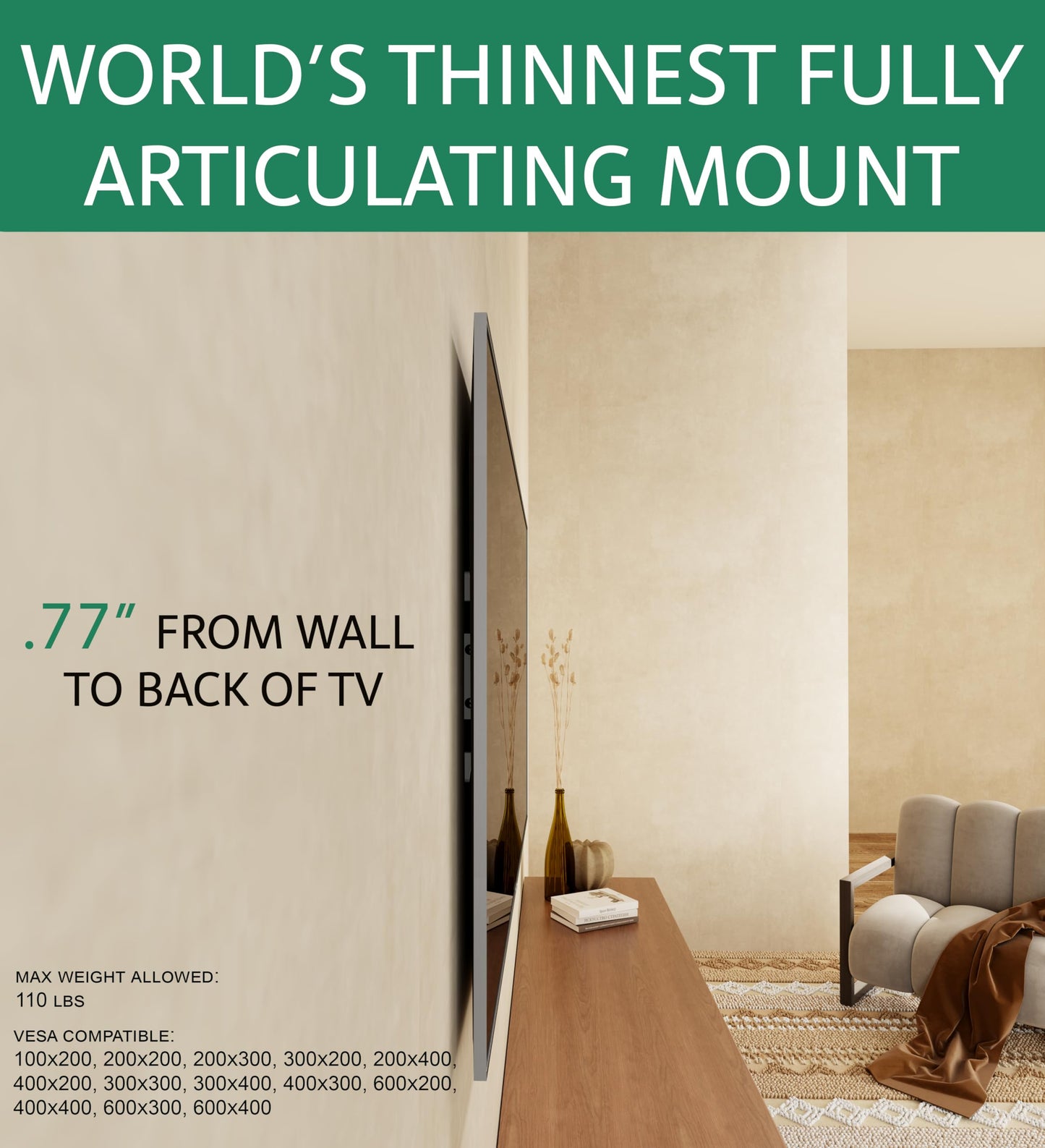 ynVISION.DESIGN Ultra Slim Full Motion Articulating TV Wall Mount 43"-90" TVs | Retracts to .77" | Compatible with Samsung Frame LG and Sony | Swivels