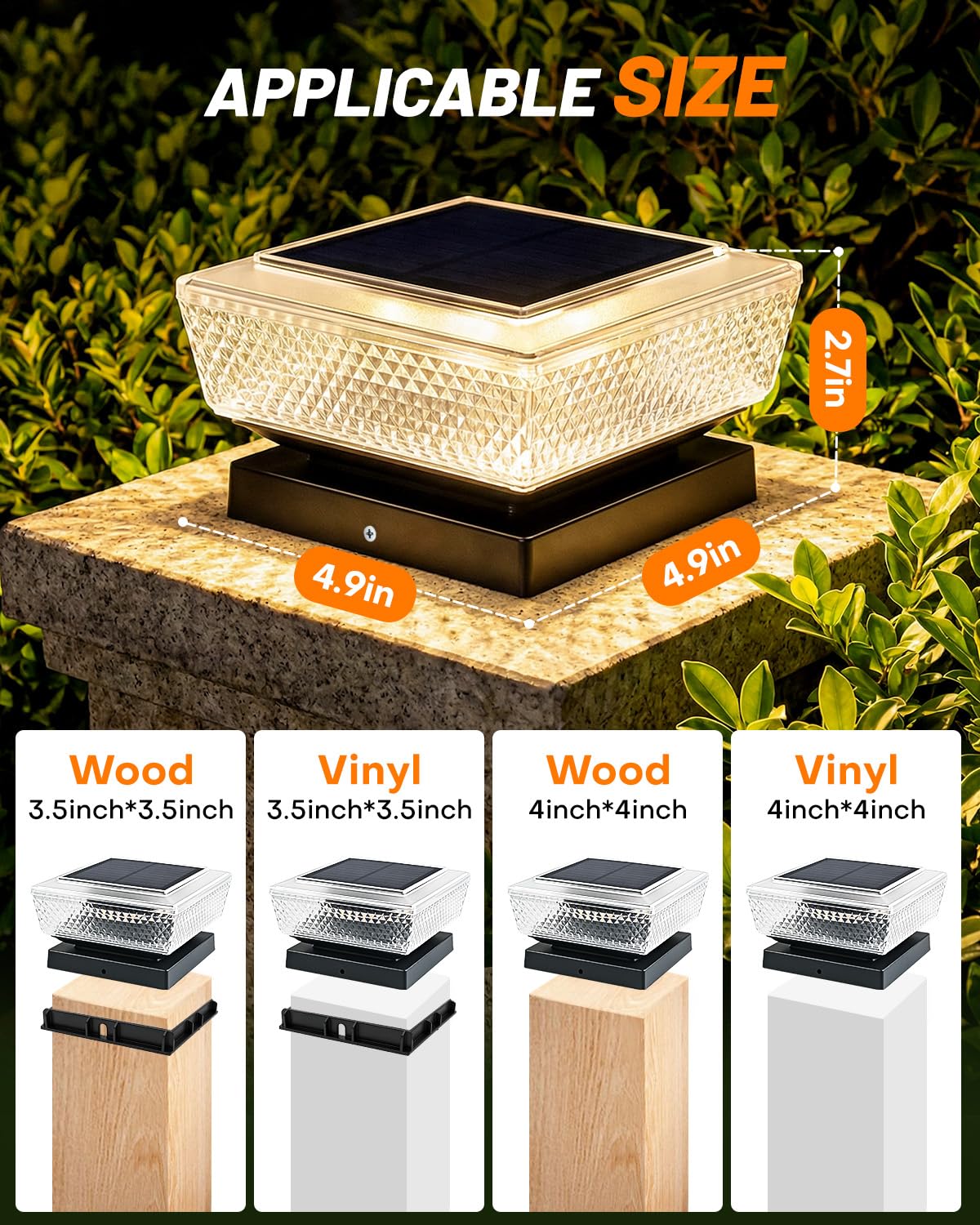4x4 Solar Post Cap Lights Outdoor 4 Pack, 3000K Warm Fence Deck Post Solar Lights with Upgrade Solar Panel, Waterproof Solar Post Caps for 3.5x3.5