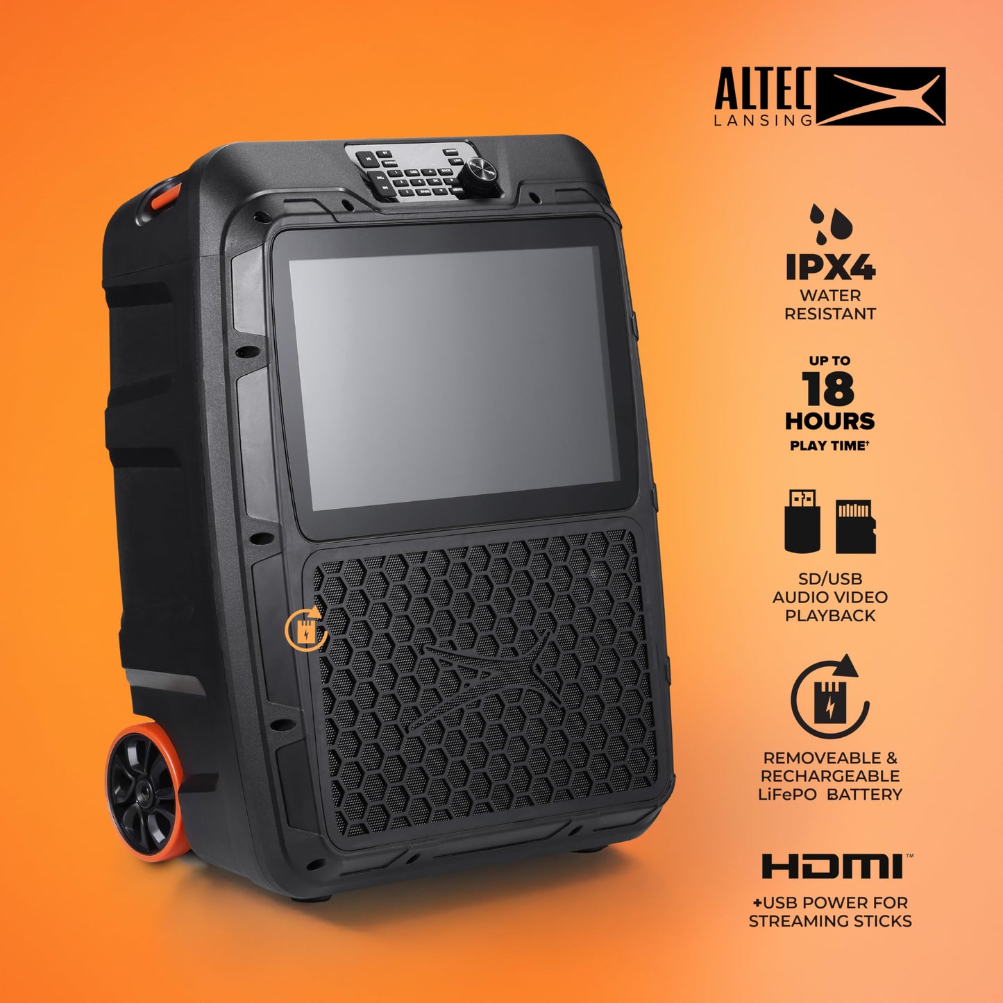 Altec Lansing SoundRover View Portable Bluetooth Speaker with 14” 1080P Display, 150W Peak Power, 18-Hour Battery LiFePO, IPX4 Water Resistance