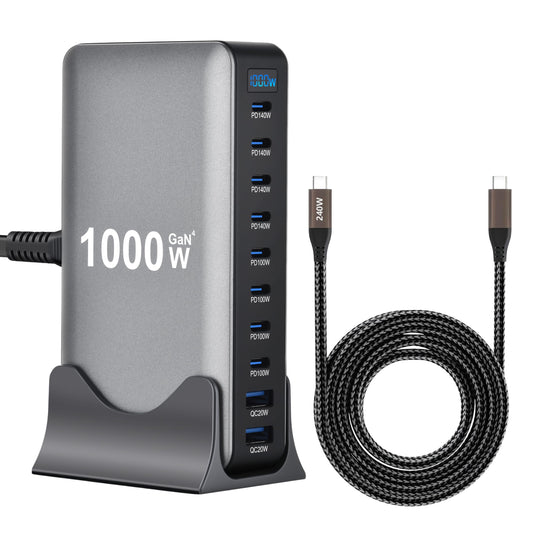 1000W 10-Port GaN 4 Desktop Charging Station with 240W 6.6 ft Data Cable - Compatible with Tablets, Phones, Laptops, Gaming Consoles, Headphones