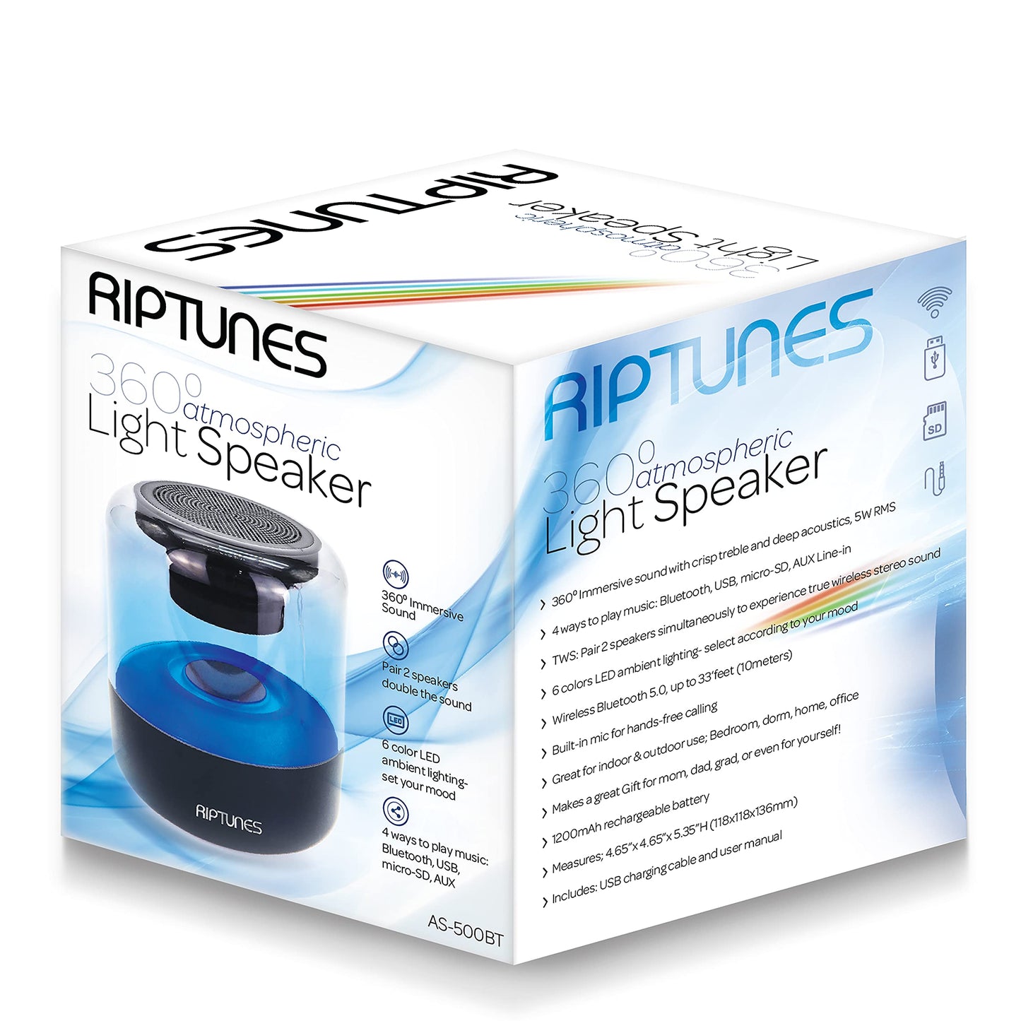 Riptunes 360° Portable Atmospheric Light Bluetooth Speaker, 6 LED Color Lights, Wireless Stereo Speaker, Built-in Mic, Perfect