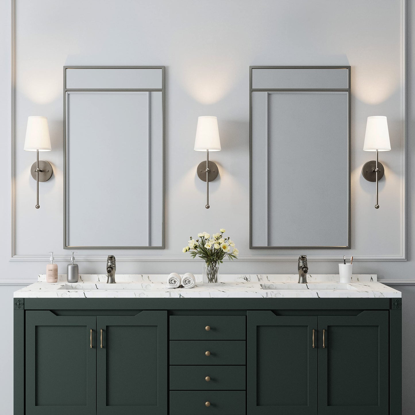 Brio Lighting Finley, 1-Light Wall Sconce with White Fabric Shade with Long Decorative Arm in Gold Brushed and Nickel Perfect for a Bedroom, Bathroom
