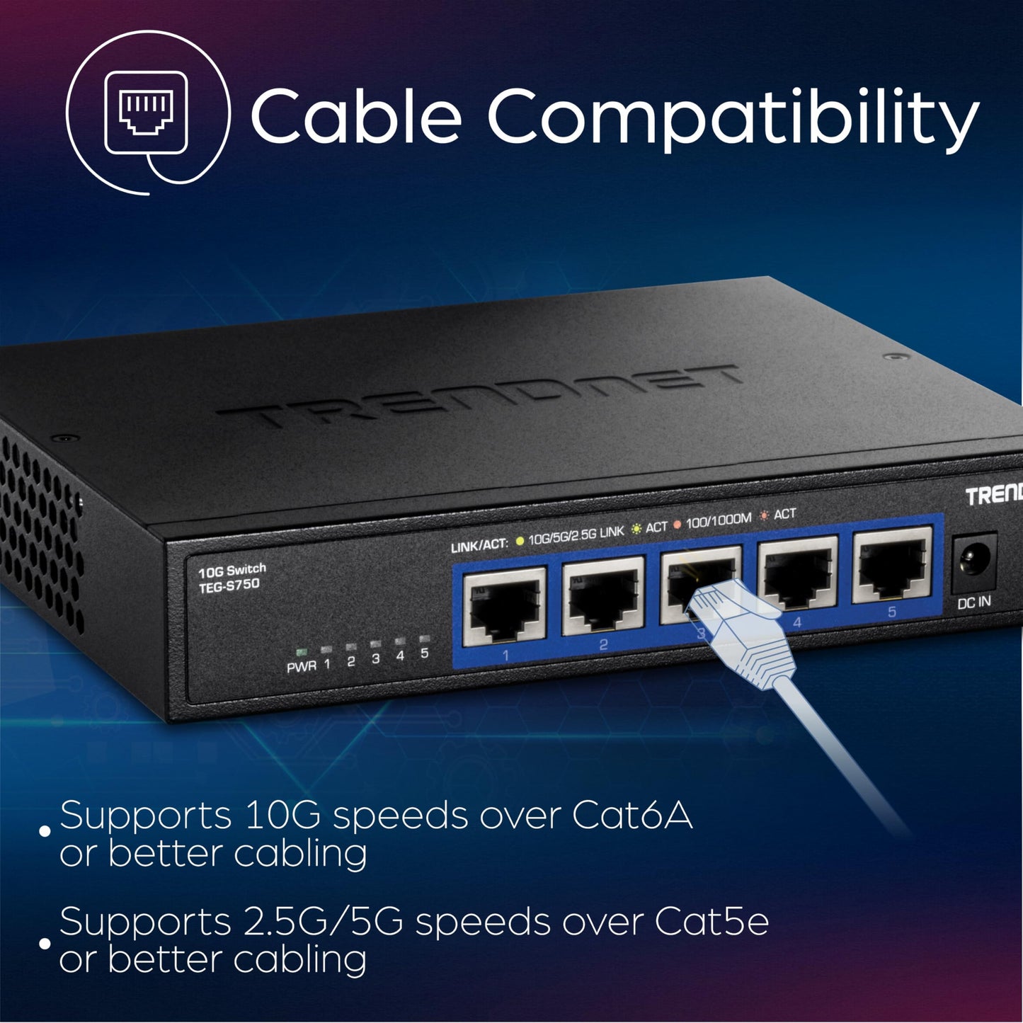 TRENDnet 5-Port 10G Switch, TEG-S750, 5 x 10G RJ-45 Ports, 100Gbps Switching Capacity, Supports 2.5G and 5G-Base-T Connections, Ethernet Splitter