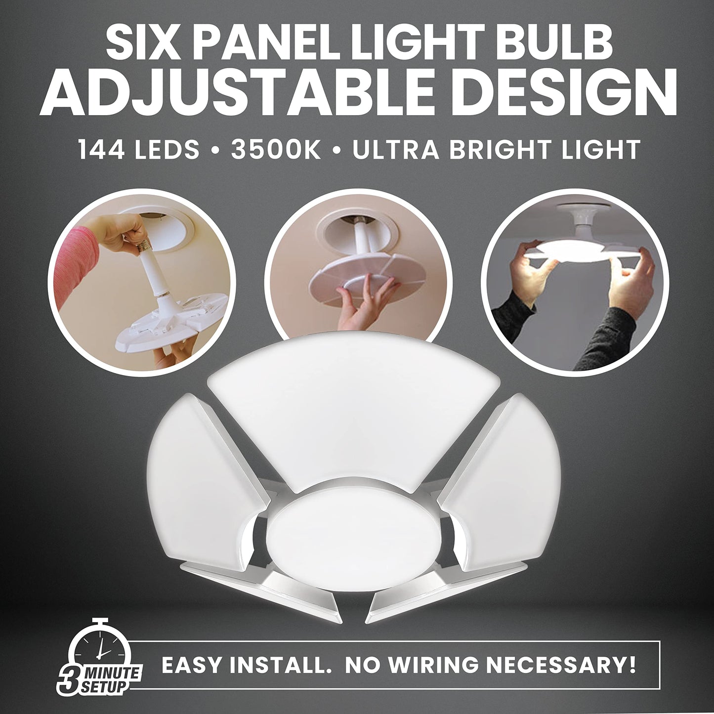 Bell+Howell Hex Bulb E26 LED Garage Light 6 Panel Deformable Shop Light Ceiling Light High-Intensity Lighting with 144 LED Bulbs for Attic, Basements