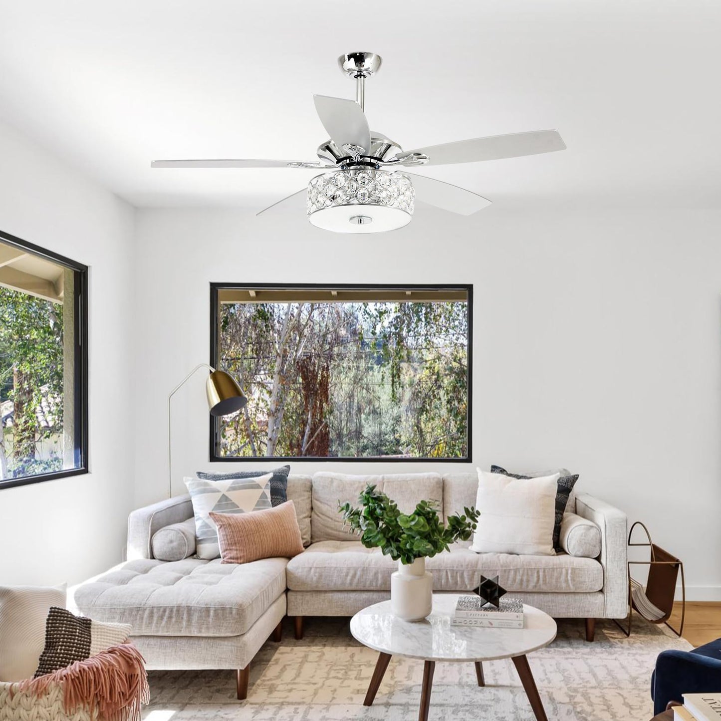 Vaczon 52 Inch Ceiling Fan with Light & Remote - Farmhouse Caged Fandelier, Crystal Ceiling Fan with 6 Speeds,Reversible Motor