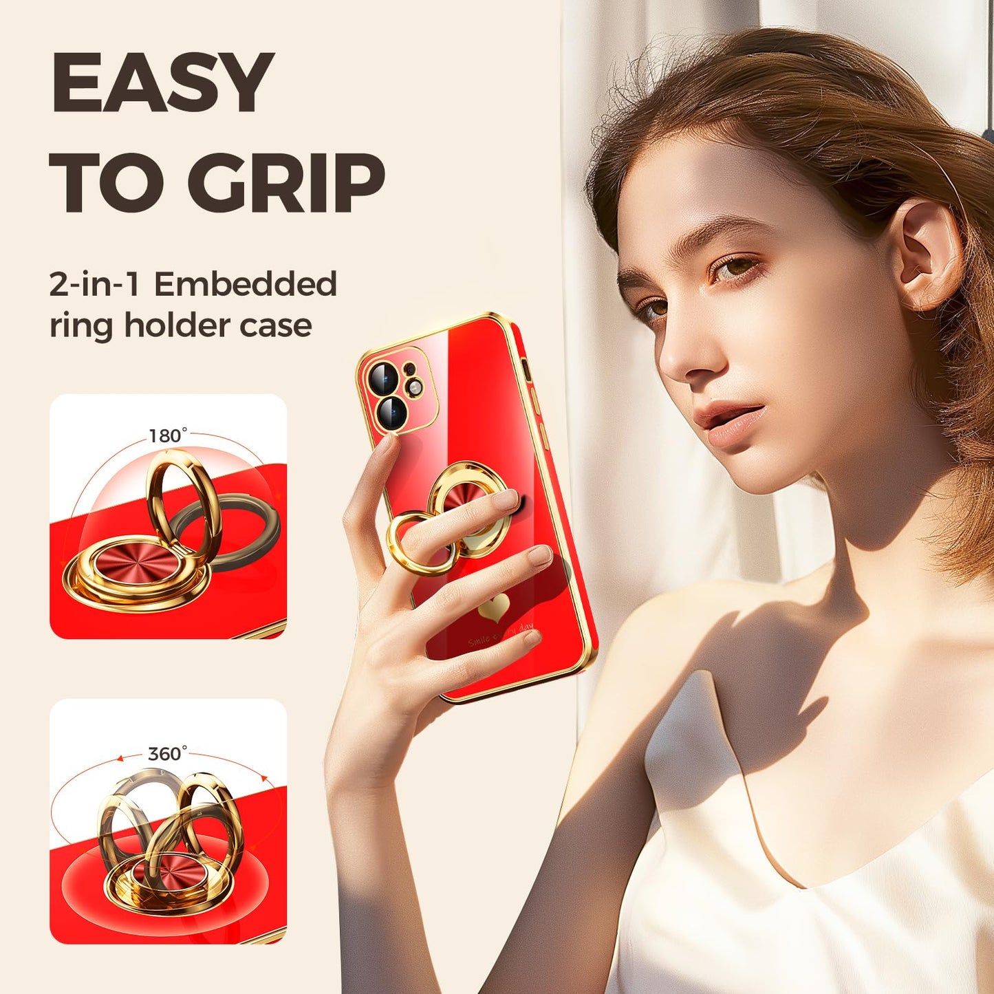 Nonional Compatible for iPhone 12 Case with 2 Pack Screen Protector, 360° Rotatable Ring Holder [Luxury Hearts Pattern] Plating Gold Edge Slim Soft