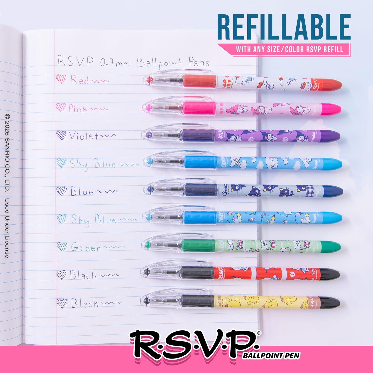 Pentel RSVP Ballpoint Pen, Hello Kitty® and Friends, Limited Edition, Mix 2, 0.7mm Fine Line, Assorted Ink, 5-Pk (BK90HKPF5M1)