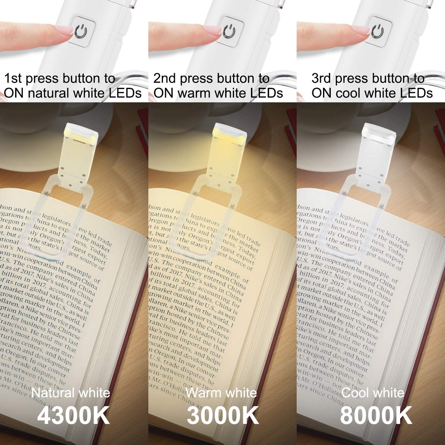 HONWELL Rechargeable Clip On LED Book Light, 3 Brightness Levels Dimmable Bookmark Light for Eye-Protection, Portable Reading Lamp for Bookworms