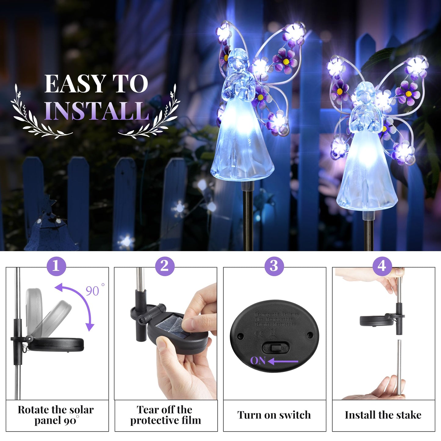 GIGALUMI Solar Angel Garden Stake Lights - 2 Pack Angel Solar Lights Outdoor Garden, Eternal Light Angel with 7 LEDs for Cemetery Grave Decorations