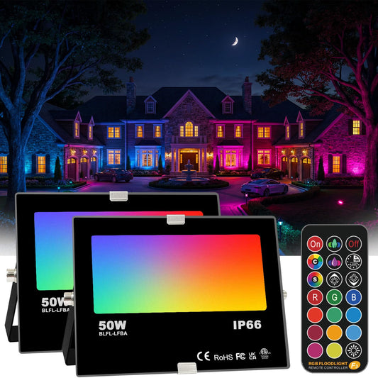 HEKEE RGB Led Flood Light 50W, Outdoor Color Changing DIY Customized Strobe Mode, Stage Landscape Lighting,Floodlights 12 Colors & 4 Modes, Remote