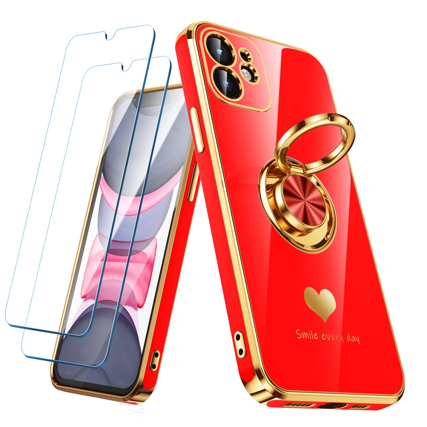 Nonional Compatible for iPhone 12 Case with 2 Pack Screen Protector, 360° Rotatable Ring Holder [Luxury Hearts Pattern] Plating Gold Edge Slim Soft