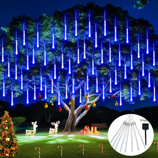 JMEXSUSS Solar Lights for Outdoor Decor, 8 Tube 144 LEDs Solar Meteor Shower Lights Outdoor, Hanging Blue Christmas Lights for Tree Yard Icicle Garden