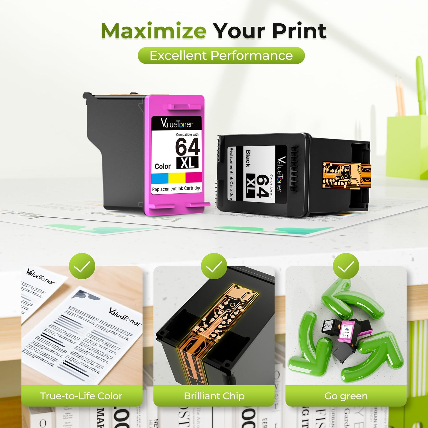 64XL Ink Cartridge Combo Pack for HP Ink 64 HP64 HP64xlblack and Color Combo Pack Works for HP Envy Inspire 7955e 7958e 7255e Photo 7155 7858 7155