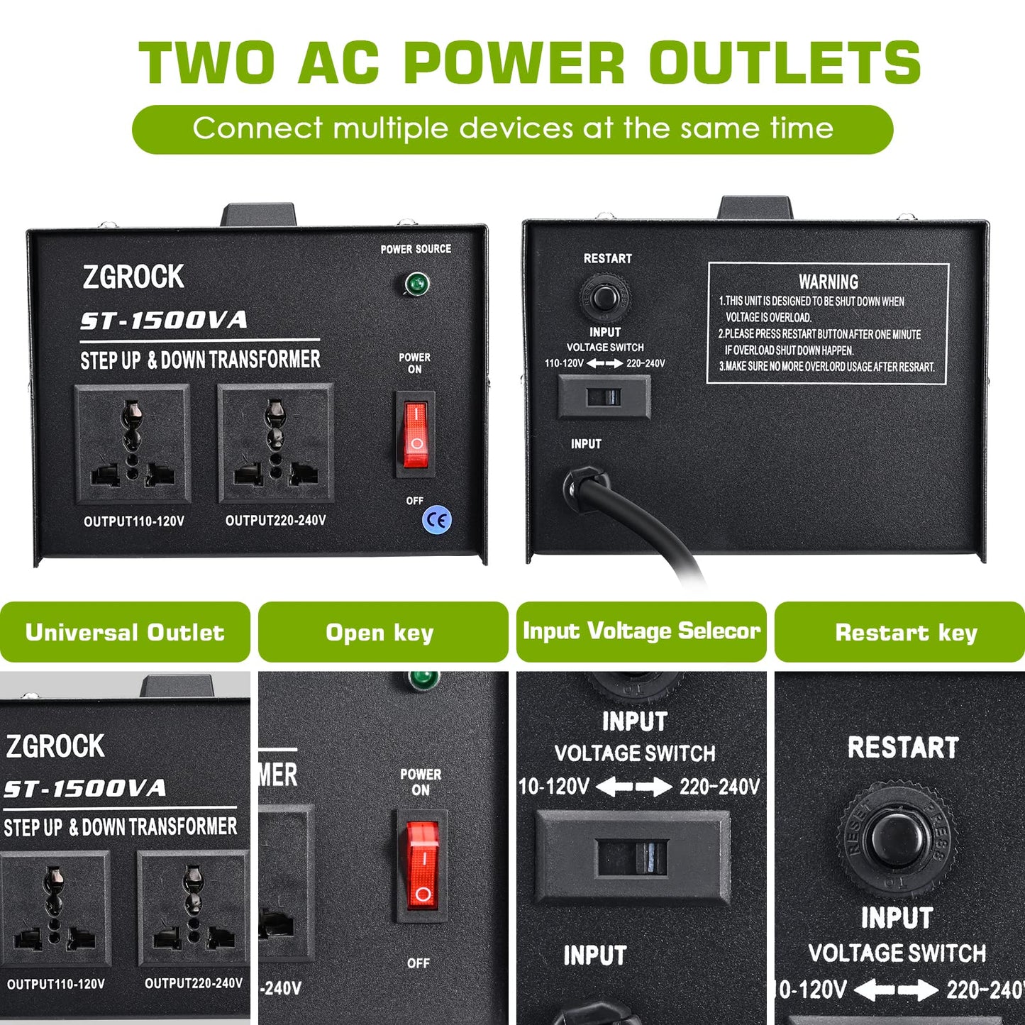 ZGROCK 1500W Voltage Converter Transformer Heavy Duty Step Up/Down- 110 / 220V- Circuit Breaker Protection