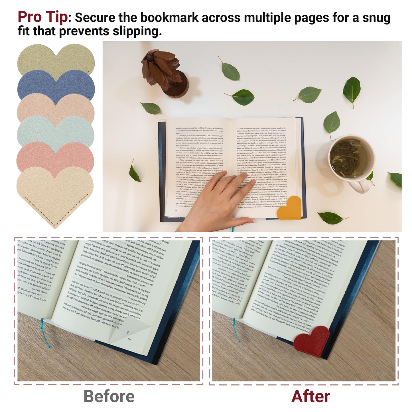 Yuoyar 30 Packs Leather Heart Bookmarks for Book Lovers, Cute Gifts (Solid Color)