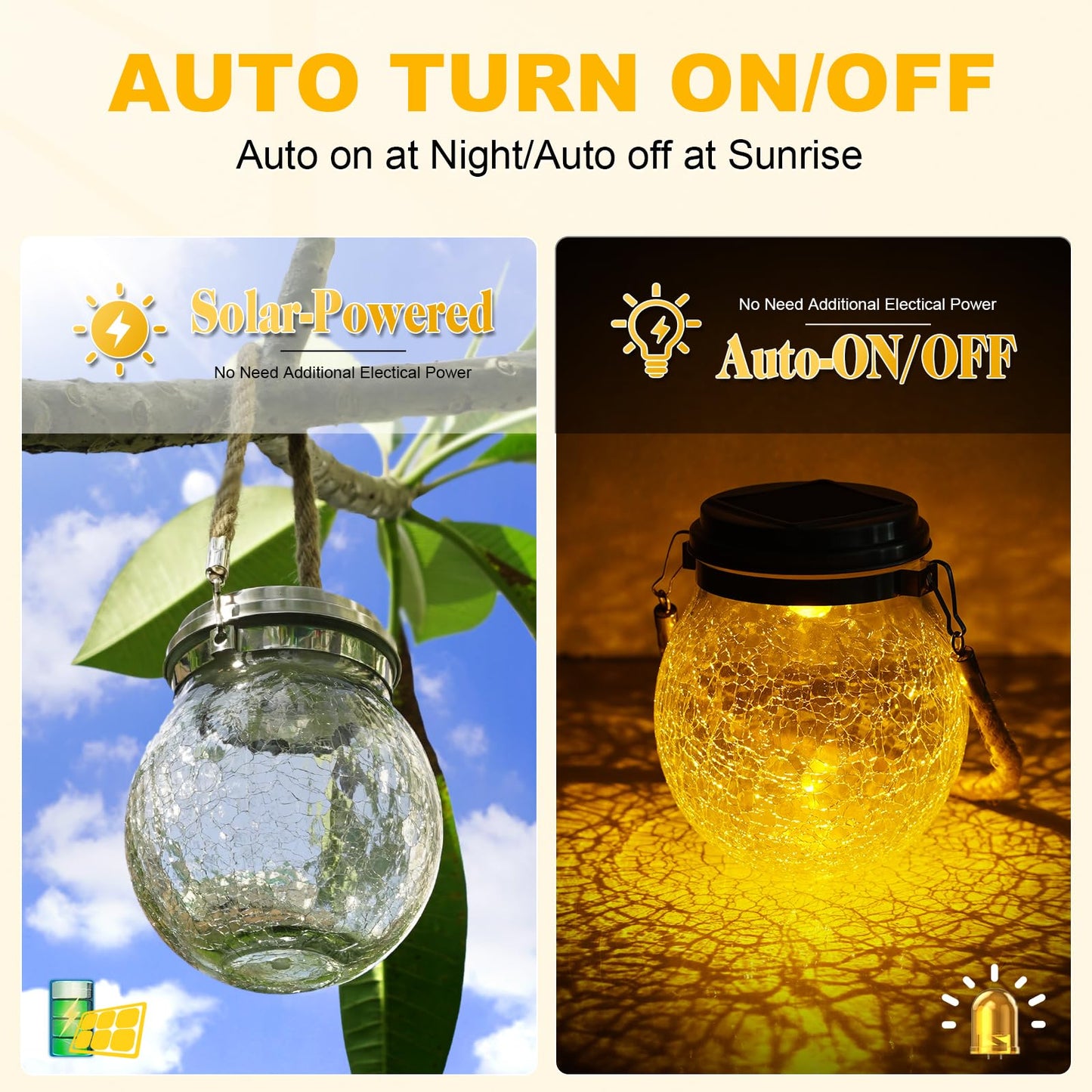 DBF Solar Lanterns Outdoor 2 Pack - Waterproof IP65 Hanging Solar Lights with Warm Amber & RGB Colors, Crackle Glass LED Ball Lights Globes Garden